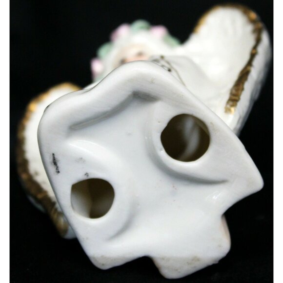 Vtg 80s White Porcelain Ceramic Angel Candle Holder Gold Trim Playing Instrument - Picture 6 of 8